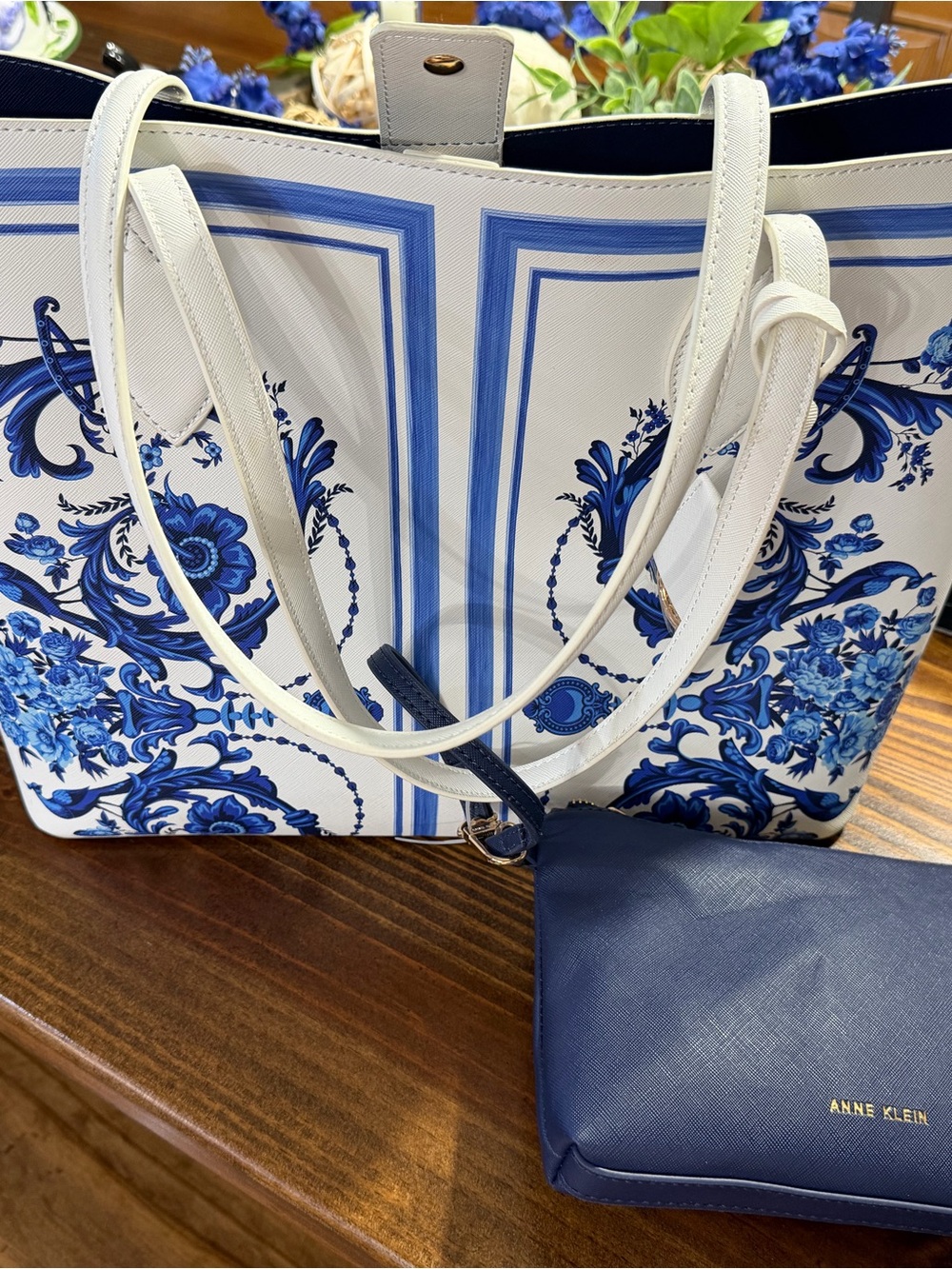 Anne Klein White and Blue Floral Tote with Navy Pouch